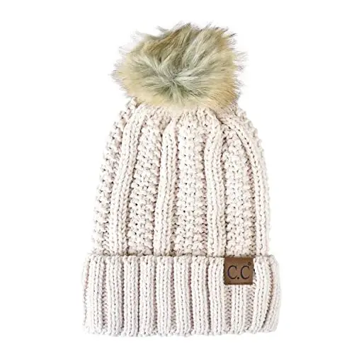 C.C Thick Cable Knit Faux Fuzzy Fur Pom Fleece Lined Skull Cap Cuff Beanie 