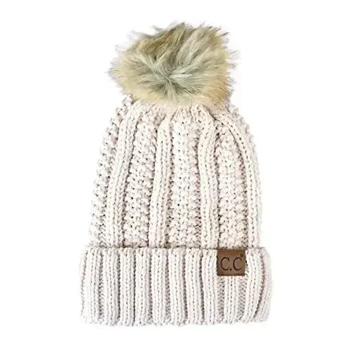 C.C Thick Cable Knit Faux Fuzzy Fur Pom Fleece Lined Skull Cap Cuff Beanie - C.C