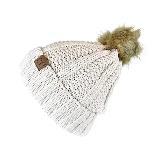 C.C Thick Cable Knit Faux Fuzzy Fur Pom Fleece Lined Skull Cap Cuff Beanie - 3