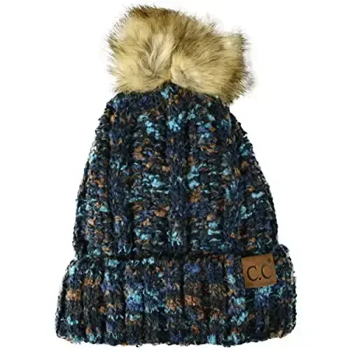 C.C Thick Cable Knit Faux Fuzzy Fur Pom Fleece Lined Skull Cap Cuff Beanie 