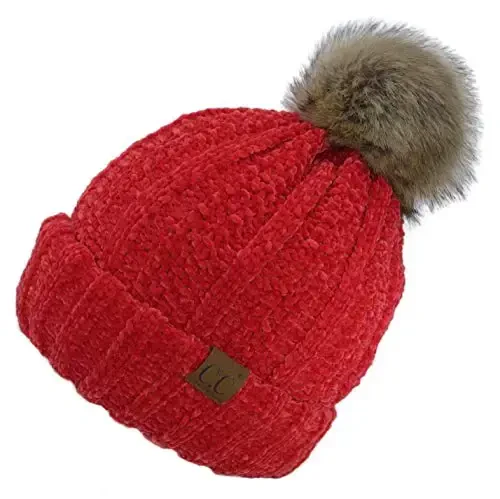 C.C Thick Cable Knit Faux Fuzzy Fur Pom Fleece Lined Skull Cap Cuff Beanie - C.C (1)