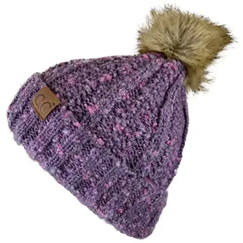 C.C Thick Cable Knit Faux Fuzzy Fur Pom Fleece Lined Skull Cap Cuff Beanie - 3