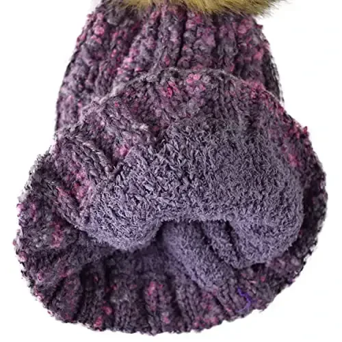 C.C Thick Cable Knit Faux Fuzzy Fur Pom Fleece Lined Skull Cap Cuff Beanie - 4