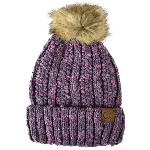 C.C Thick Cable Knit Faux Fuzzy Fur Pom Fleece Lined Skull Cap Cuff Beanie - 1