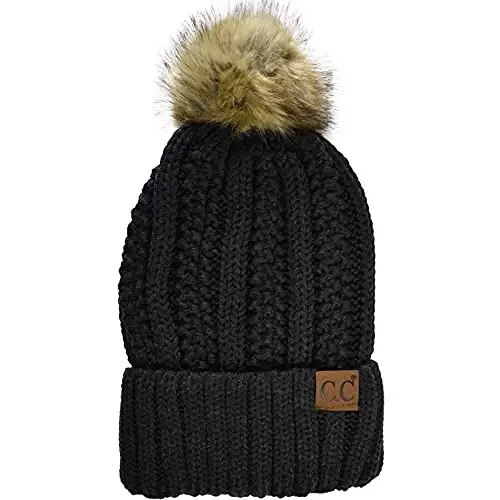C.C Thick Cable Knit Faux Fuzzy Fur Pom Fleece Lined Skull Cap Cuff Beanie - C.C