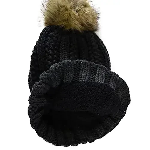 C.C Thick Cable Knit Faux Fuzzy Fur Pom Fleece Lined Skull Cap Cuff Beanie - 2
