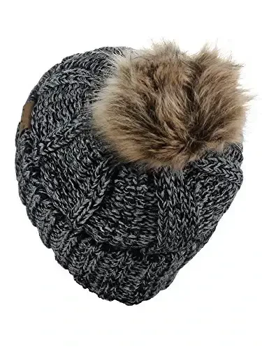 C.C Thick Cable Knit Faux Fuzzy Fur Pom Fleece Lined Skull Cap Cuff Beanie - 4
