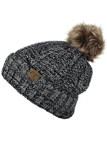 C.C Thick Cable Knit Faux Fuzzy Fur Pom Fleece Lined Skull Cap Cuff Beanie - 2