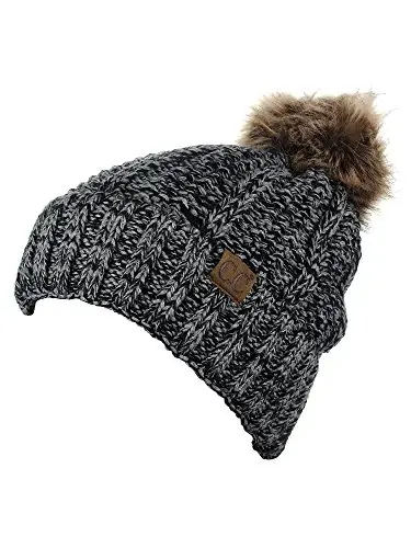 C.C Thick Cable Knit Faux Fuzzy Fur Pom Fleece Lined Skull Cap Cuff Beanie - 3