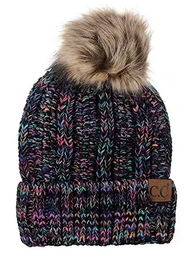 C.C Thick Cable Knit Faux Fuzzy Fur Pom Fleece Lined Skull Cap Cuff Beanie - C.C