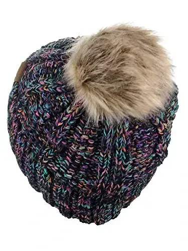C.C Thick Cable Knit Faux Fuzzy Fur Pom Fleece Lined Skull Cap Cuff Beanie - 4