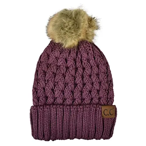 C.C Thick Cable Knit Faux Fuzzy Fur Pom Fleece Lined Skull Cap Cuff Beanie - C.C