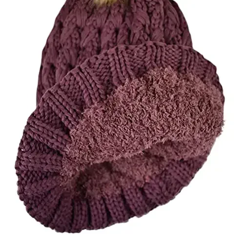C.C Thick Cable Knit Faux Fuzzy Fur Pom Fleece Lined Skull Cap Cuff Beanie - 3