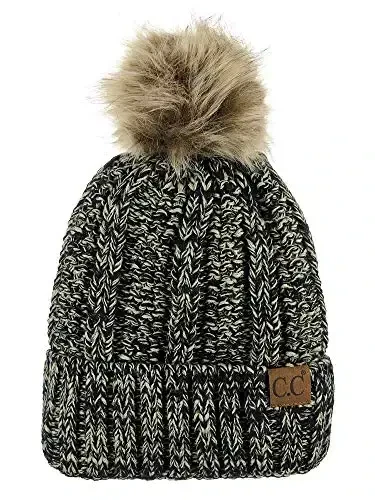 C.C Thick Cable Knit Faux Fuzzy Fur Pom Fleece Lined Skull Cap Cuff Beanie - 1