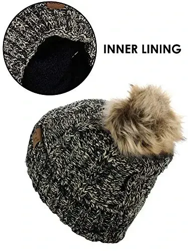 C.C Thick Cable Knit Faux Fuzzy Fur Pom Fleece Lined Skull Cap Cuff Beanie - 4