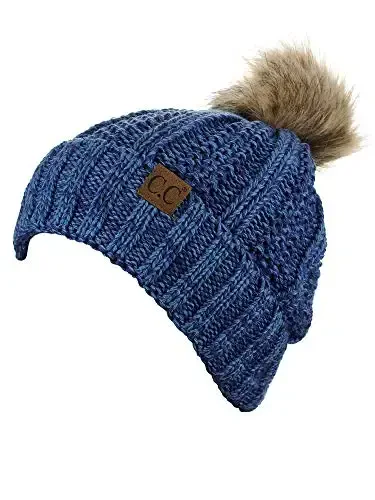 C.C Thick Cable Knit Faux Fuzzy Fur Pom Fleece Lined Skull Cap Cuff Beanie - 2