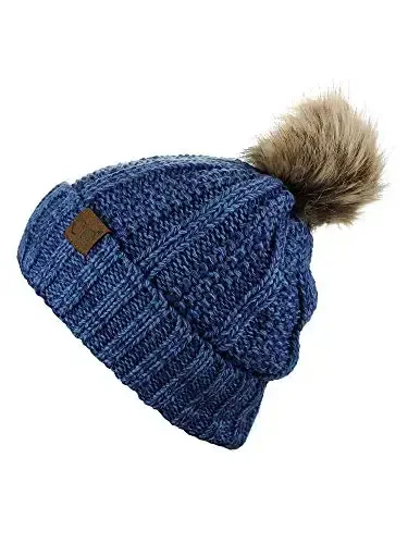 C.C Thick Cable Knit Faux Fuzzy Fur Pom Fleece Lined Skull Cap Cuff Beanie - 3