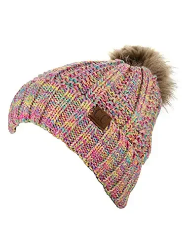 C.C Thick Cable Knit Faux Fuzzy Fur Pom Fleece Lined Skull Cap Cuff Beanie - C.C (1)