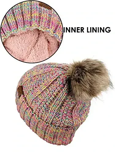 C.C Thick Cable Knit Faux Fuzzy Fur Pom Fleece Lined Skull Cap Cuff Beanie - 4