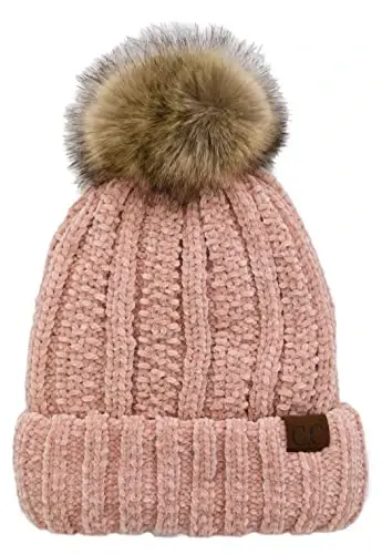 C.C Thick Cable Knit Faux Fuzzy Fur Pom Fleece Lined Skull Cap Cuff Beanie 
