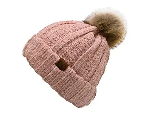 C.C Thick Cable Knit Faux Fuzzy Fur Pom Fleece Lined Skull Cap Cuff Beanie - C.C (1)