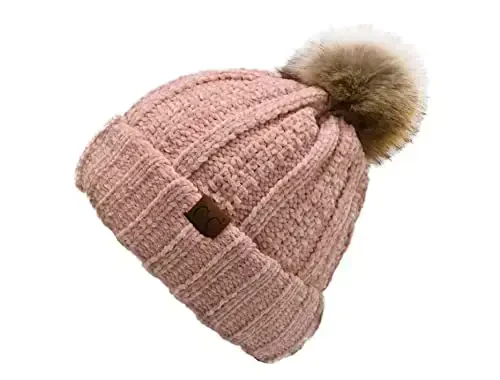 C.C Thick Cable Knit Faux Fuzzy Fur Pom Fleece Lined Skull Cap Cuff Beanie - 2