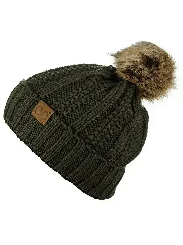 C.C Thick Cable Knit Faux Fuzzy Fur Pom Fleece Lined Skull Cap Cuff Beanie - 2