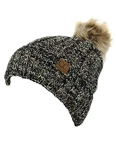 C.C Thick Cable Knit Faux Fuzzy Fur Pom Fleece Lined Skull Cap Cuff Beanie - C.C (1)