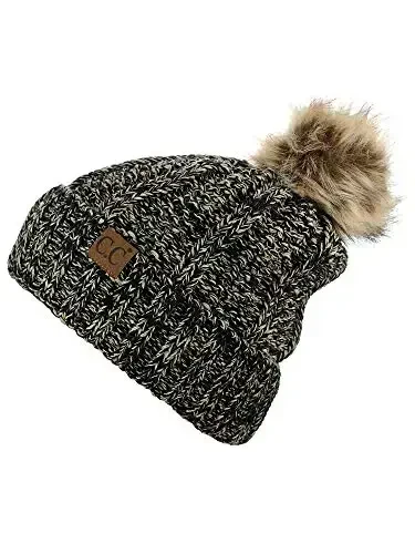C.C Thick Cable Knit Faux Fuzzy Fur Pom Fleece Lined Skull Cap Cuff Beanie - 3