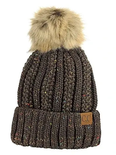 C.C Thick Cable Knit Faux Fuzzy Fur Pom Fleece Lined Skull Cap Cuff Beanie - 1