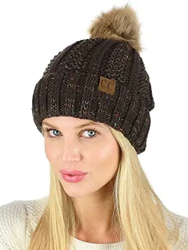 C.C Thick Cable Knit Faux Fuzzy Fur Pom Fleece Lined Skull Cap Cuff Beanie - 3