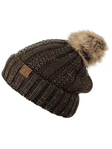 C.C Thick Cable Knit Faux Fuzzy Fur Pom Fleece Lined Skull Cap Cuff Beanie - 4