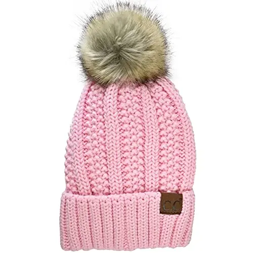 C.C Thick Cable Knit Faux Fuzzy Fur Pom Fleece Lined Skull Cap Cuff Beanie - C.C