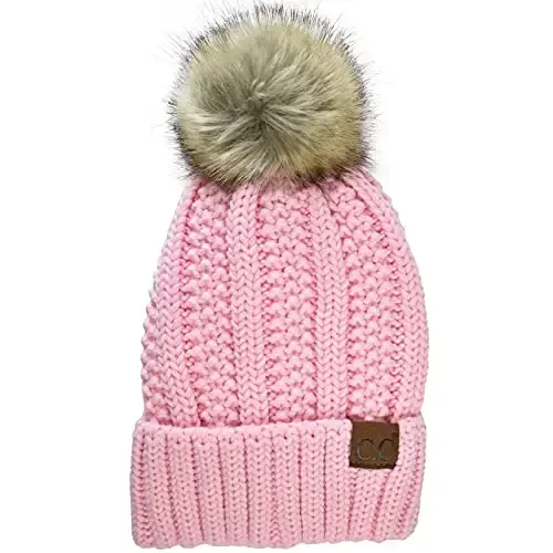 C.C Thick Cable Knit Faux Fuzzy Fur Pom Fleece Lined Skull Cap Cuff Beanie 