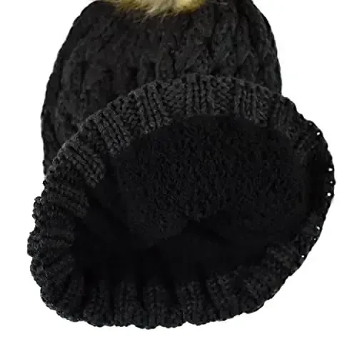 C.C Thick Cable Knit Faux Fuzzy Fur Pom Fleece Lined Skull Cap Cuff Beanie - 4