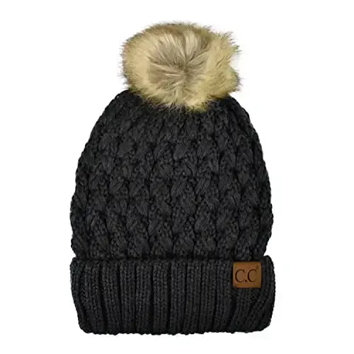 C.C Thick Cable Knit Faux Fuzzy Fur Pom Fleece Lined Skull Cap Cuff Beanie 