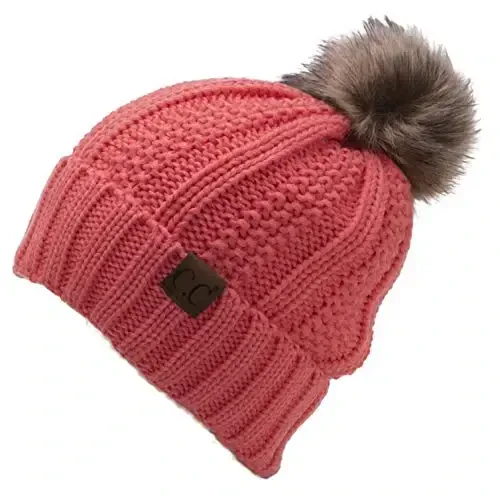C.C Thick Cable Knit Faux Fuzzy Fur Pom Fleece Lined Skull Cap Cuff Beanie - 2