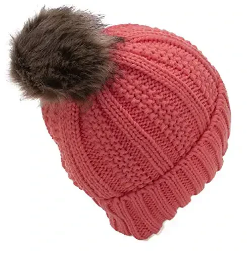 C.C Thick Cable Knit Faux Fuzzy Fur Pom Fleece Lined Skull Cap Cuff Beanie - 3