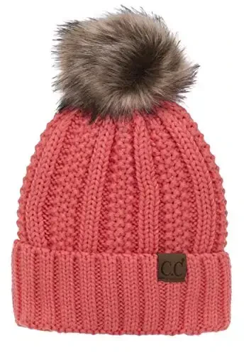C.C Thick Cable Knit Faux Fuzzy Fur Pom Fleece Lined Skull Cap Cuff Beanie 
