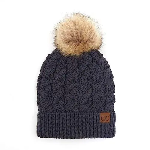 C.C Thick Cable Knit Faux Fuzzy Fur Pom Fleece Lined Skull Cap Cuff Beanie - C.C