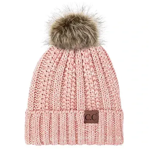 C.C Thick Cable Knit Faux Fuzzy Fur Pom Fleece Lined Skull Cap Cuff Beanie 