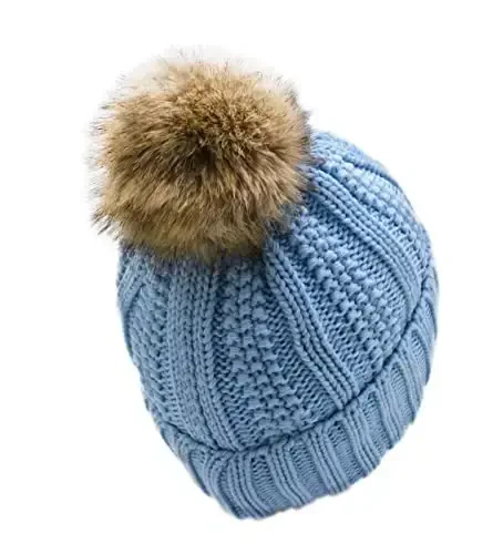 C.C Thick Cable Knit Faux Fuzzy Fur Pom Fleece Lined Skull Cap Cuff Beanie - 3