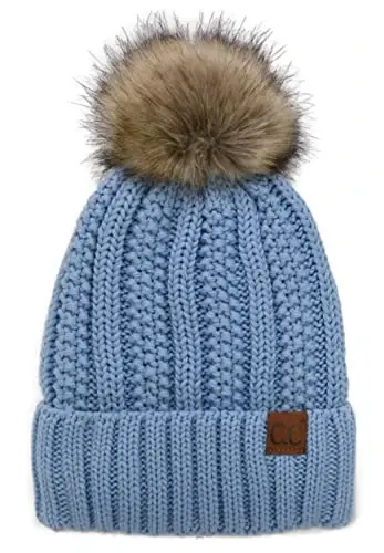 C.C Thick Cable Knit Faux Fuzzy Fur Pom Fleece Lined Skull Cap Cuff Beanie - 1