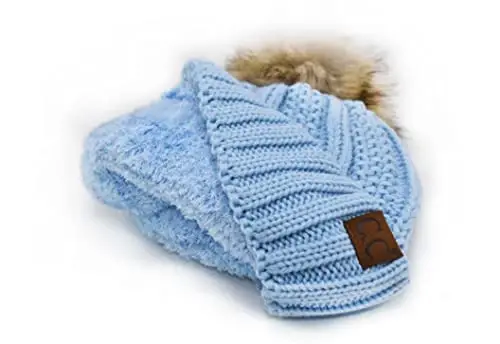 C.C Thick Cable Knit Faux Fuzzy Fur Pom Fleece Lined Skull Cap Cuff Beanie - 4
