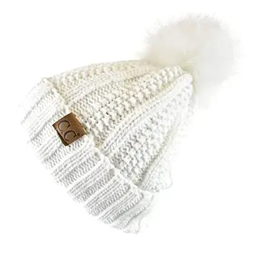 C.C Thick Cable Knit Faux Fuzzy Fur Pom Fleece Lined Skull Cap Cuff Beanie - 3