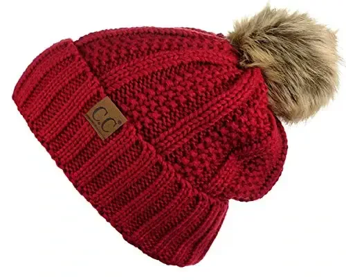 C.C Thick Cable Knit Faux Fuzzy Fur Pom Fleece Lined Skull Cap Cuff Beanie - 2
