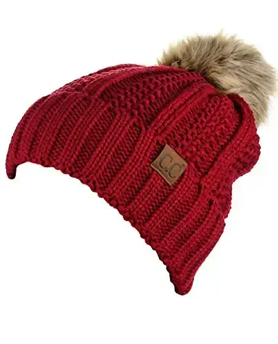 C.C Thick Cable Knit Faux Fuzzy Fur Pom Fleece Lined Skull Cap Cuff Beanie - 3