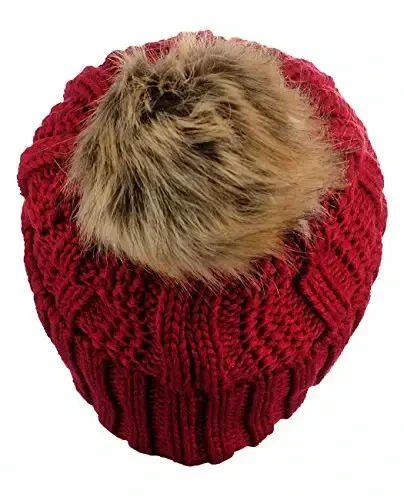 C.C Thick Cable Knit Faux Fuzzy Fur Pom Fleece Lined Skull Cap Cuff Beanie - 4