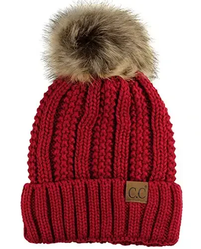 C.C Thick Cable Knit Faux Fuzzy Fur Pom Fleece Lined Skull Cap Cuff Beanie - C.C
