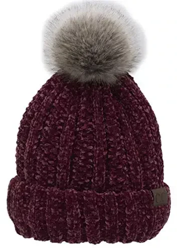 C.C Thick Cable Knit Faux Fuzzy Fur Pom Fleece Lined Skull Cap Cuff Beanie - 1